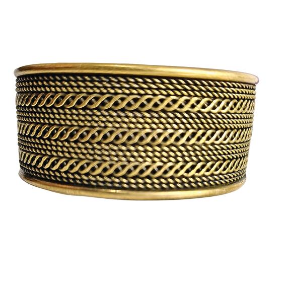70s Brass Wide Cuff Bracelet Rope Design Thick Banded End Protectors 3D Texture - Picture 1 of 6